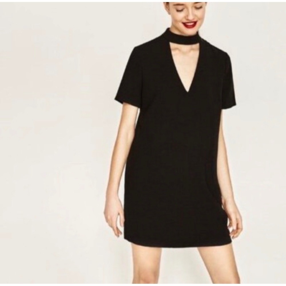 Zara choker v neck black mini‎ shift dress short sleeve